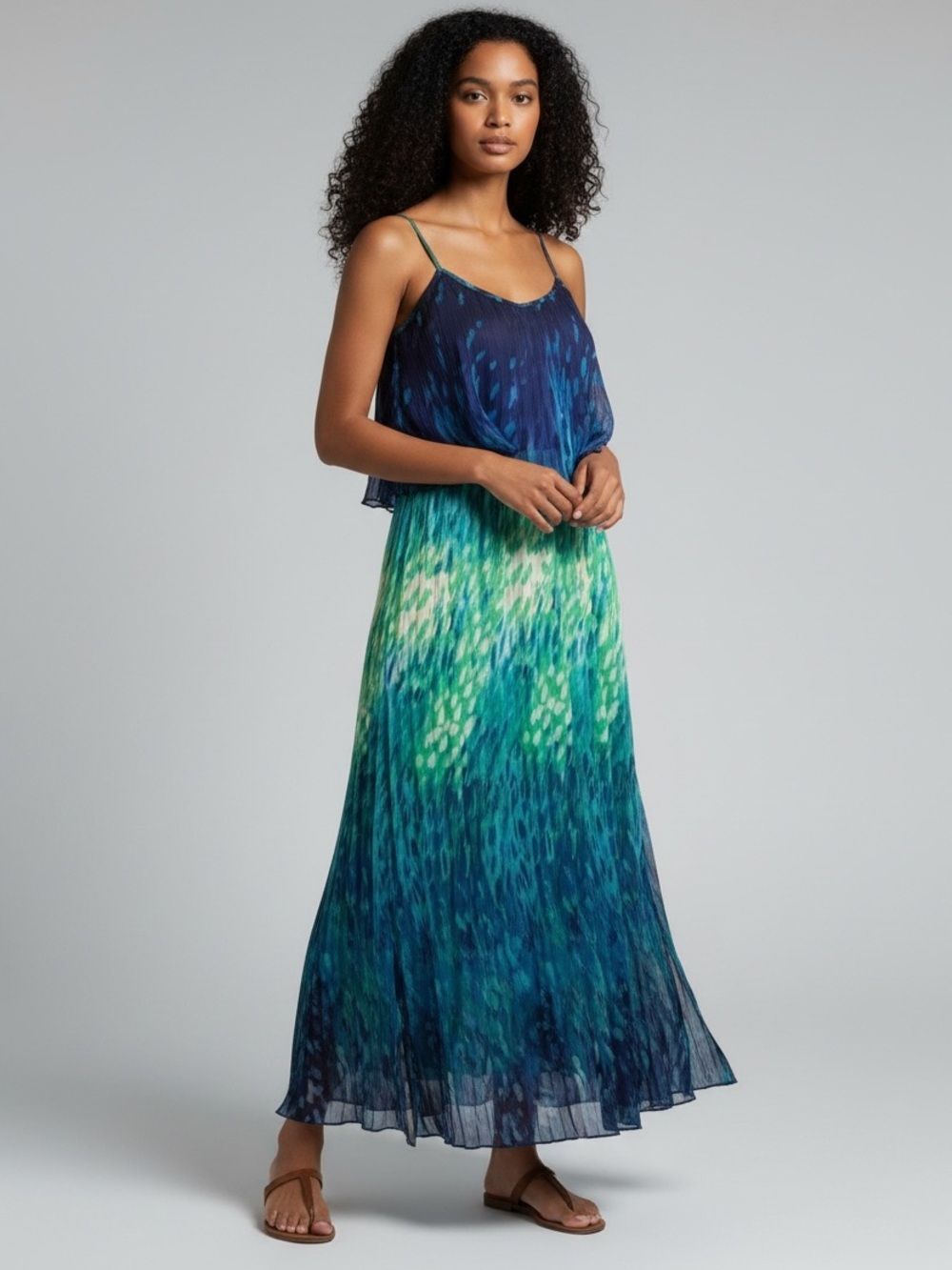 Audrey Ann Blue Green Watercolor Maxi Sundress Dress